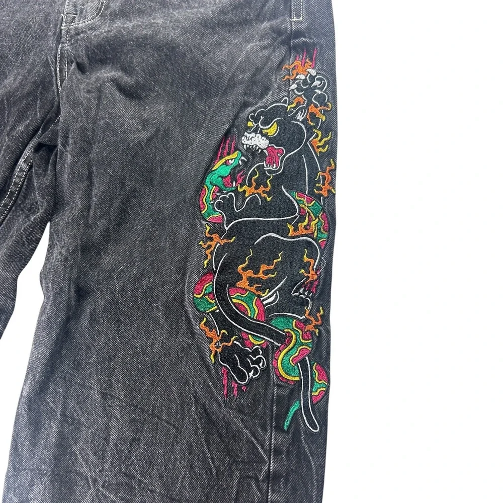 Ambush Mens 32 Baggy Jeans Acid Wash Black Embroidered Panther Snake Y2K Street